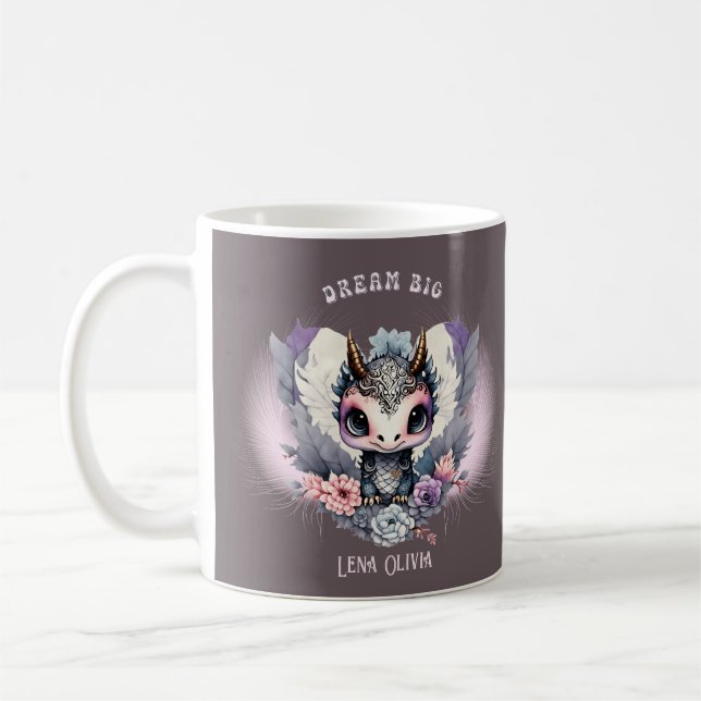 Pink Whimsical "Dream Big" Little Dragon  Coffee Mug (Left)