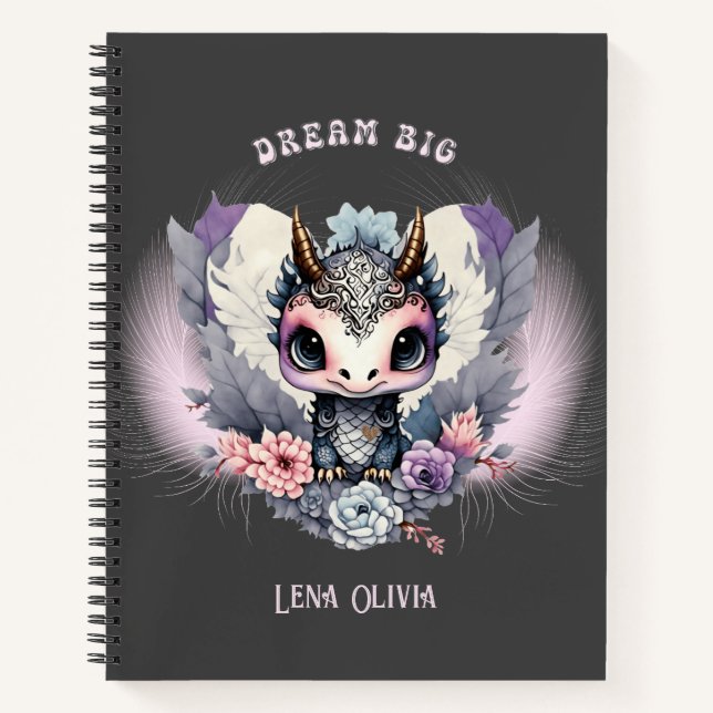 Pink Whimsical "Dream Big" Little Dragon  Notebook (Front)