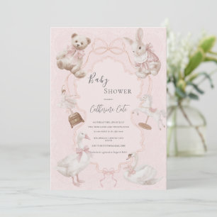 Pink Whimsical Elegant Bear Baby Shower Invitation
