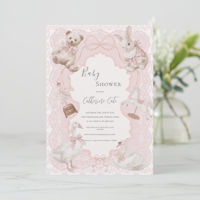Pink Whimsical Elegant Vintage Baby Shower Invitation (Standing Front)