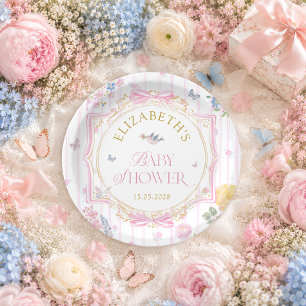 Pink Whimsical Floral Girl Baby Shower Paper Plate