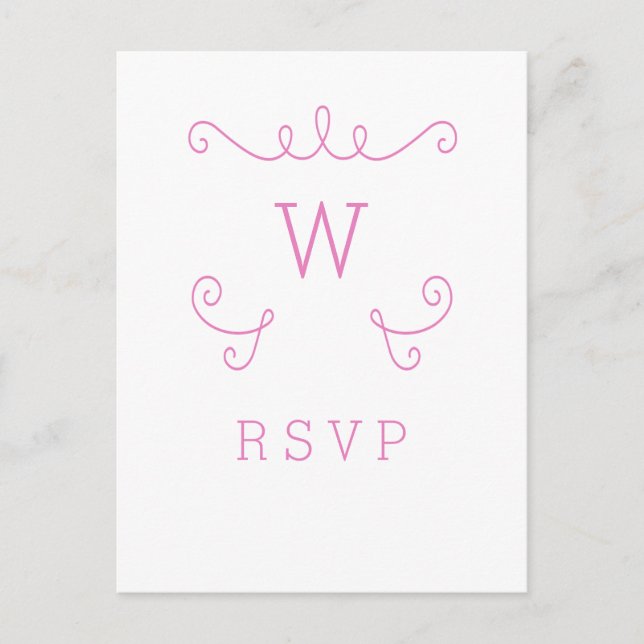 Pink Whimsical Flourish Monogram RSVP Postcard (Front)