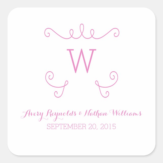 Pink Whimsical Flourish Monogram Wedding Square Sticker (Front)