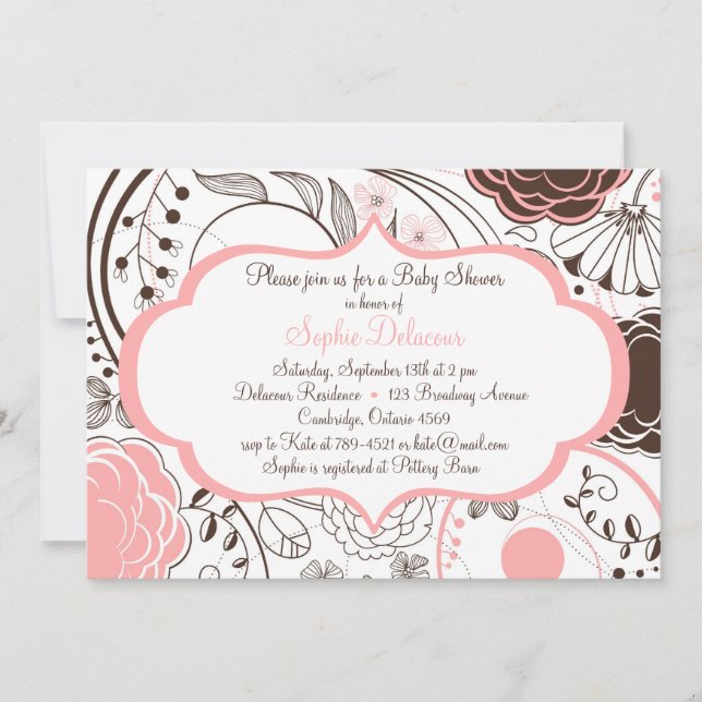 Pink Whimsical Flowers Baby Shower Invitations (Front)