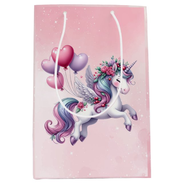 Pink whimsical flying unicorn  medium gift bag (Front)