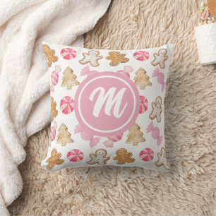 Pink Whimsical Gingerbread Pattern Monogram Cushion