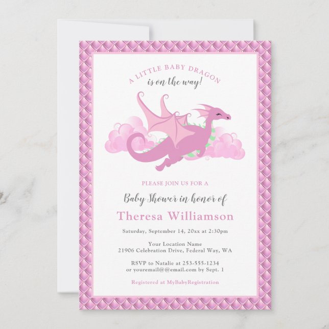 Pink Whimsical Girl Dragon Baby Shower Invitation (Front)