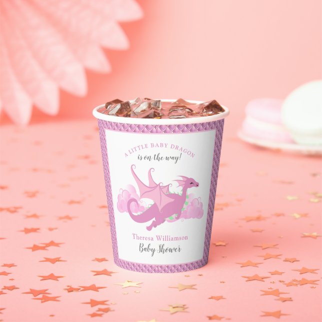 Pink Whimsical Girl Dragon Baby Shower Paper Cups (Insitu)