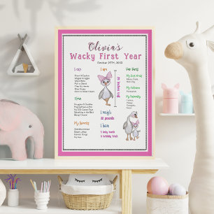 Pink Whimsical Goose Birthday Milestone Board Poster