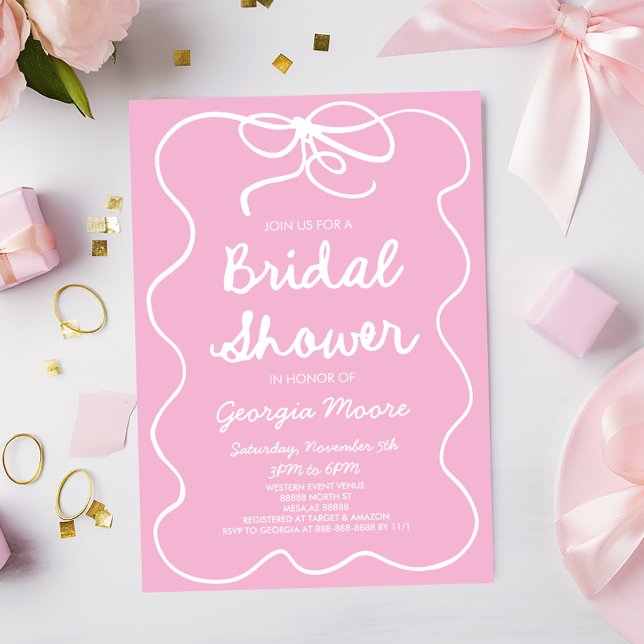 Pink Whimsical Hand Drawn Bow Bridal Shower Invitation (Creator Uploaded)