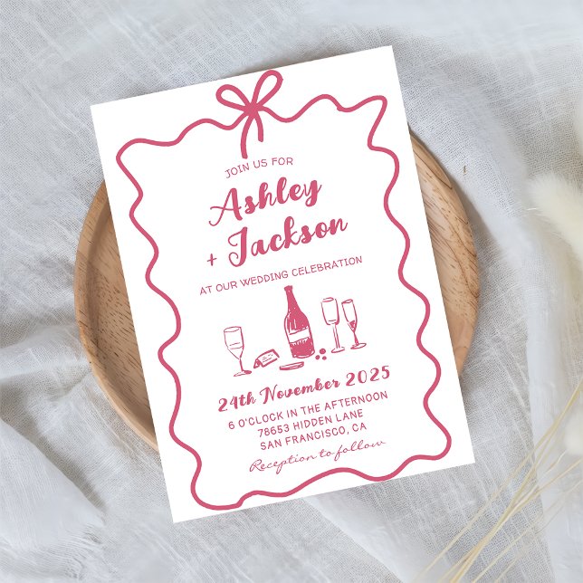 Pink Whimsical Hand Drawn Bow Wedding Invitation (Creator Uploaded)