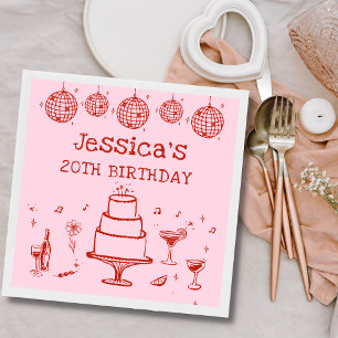 Pink Whimsical Hand drawn Funky Cocktail Birthday Napkin