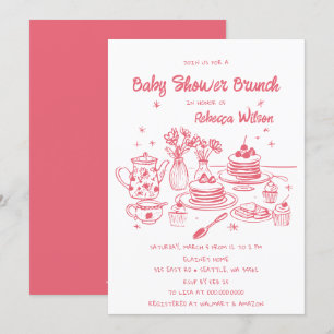 Pink Whimsical Hand Drawn Girl Baby Shower Brunch Invitation