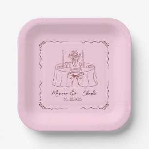 Pink Whimsical Hand Drawn Illustrated Wedding Paper Plate