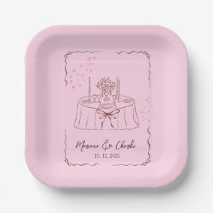 Pink Whimsical Hand Drawn Illustrated Wedding  Paper Plate