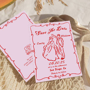 Pink Whimsical Hand Drawn Wedding Save The Date  Invitation