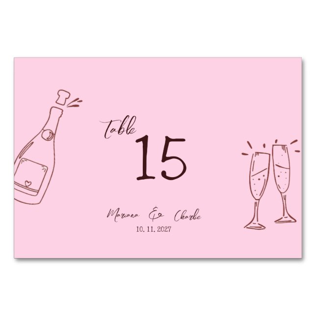 Pink Whimsical Hand Written Scribble Wedding Table Number (Front)