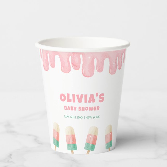 Pink Whimsical Melt Ice Cream Pop Baby Shower  Paper Cups (Front)