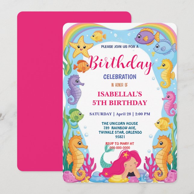 Pink whimsical mermaid rainbow birthday party  save the date (Front/Back)