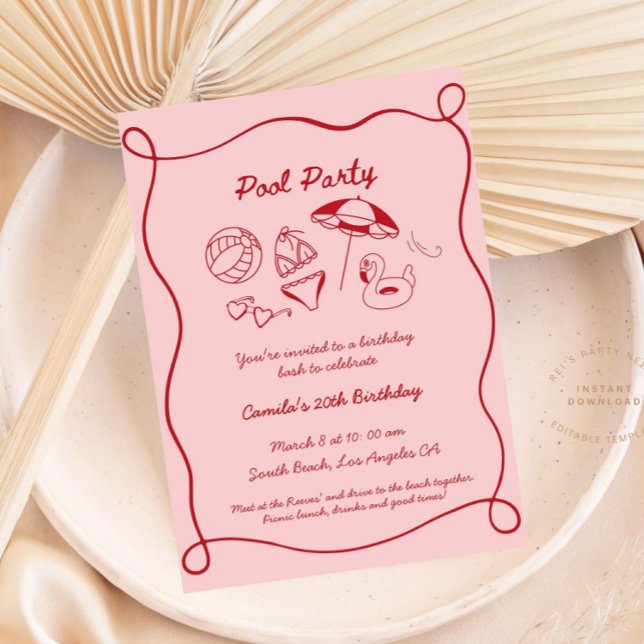 Pink Whimsical Pool Party Summer Bday Invitation (Creator Uploaded)