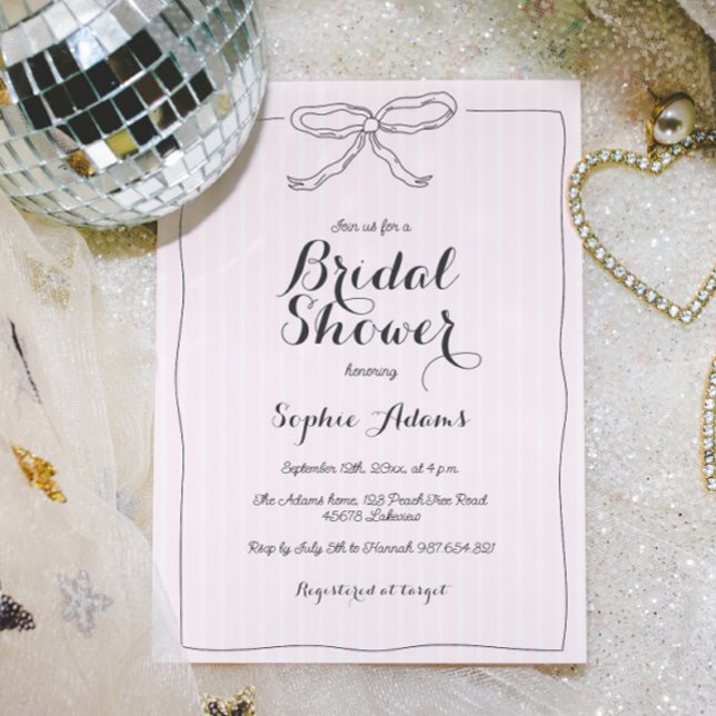 Pink Whimsical Quirky Hand Drawn Bow Bridal Shower Invitation (Creator Uploaded)