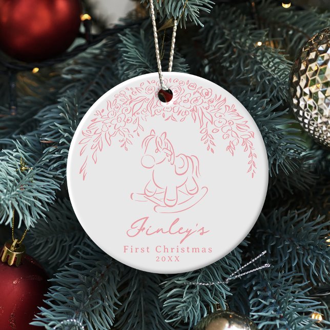 Pink Whimsical rocking horse Baby's 1st Christmas Ceramic Ornament (Pink Whimsical rocking horse Baby's 1st Christmas Ceramic Ornament)