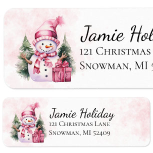 Pink Whimsical Snowman Christmas Return Address Label