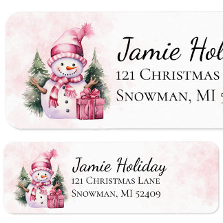 Pink Whimsical Snowman Christmas Return Address Label