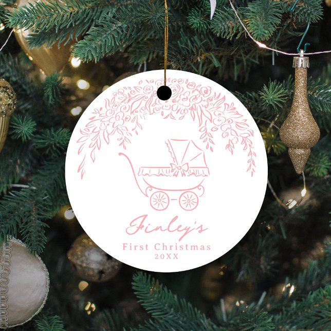 Pink Whimsical Stroller Baby's First Christmas Ceramic Ornament (Pink Whimsical Stroller Baby's First Christmas Ceramic Ornament)