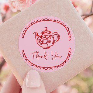 Pink Whimsical Tea Pot Doodle Thank You Favour Classic Round Sticker