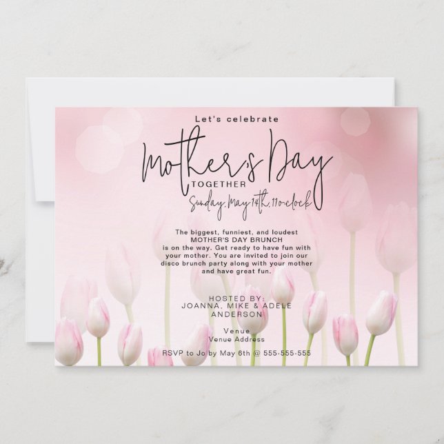 Pink Whimsical Tulips Mother's Day Script Brunch Invitation (Front)
