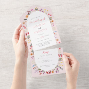 Pink Whimsical Wildflower Calligraphy Wedding All In One Invitation