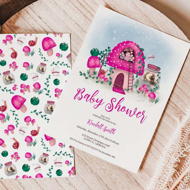 Pink whimsical woodland fairy mushroom baby shower invitation (Pink whimsical woodland fairy mushroom baby shower invitation)