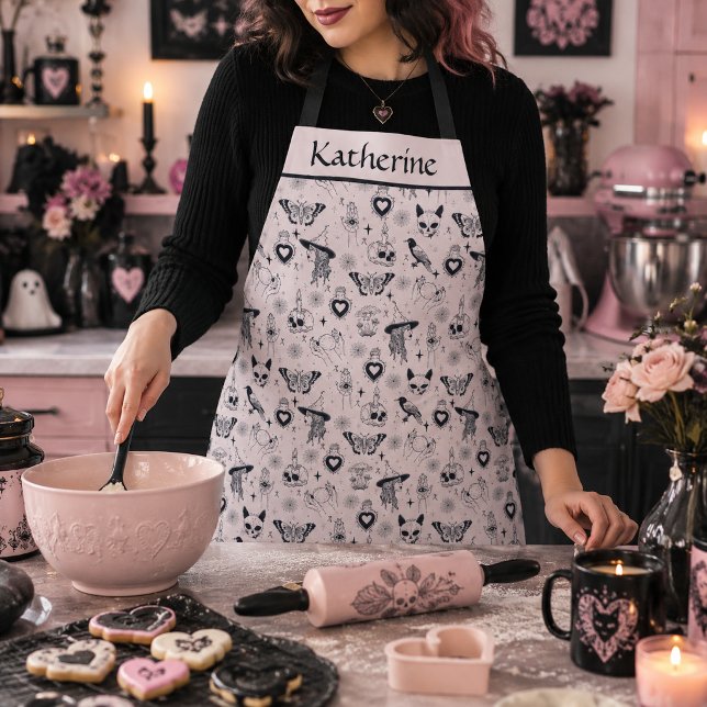 Pink Whimsigoth Witchy Pattern Custom Name Apron (Creator Uploaded)
