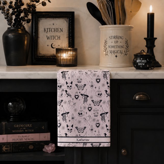 Pink Whimsigoth Witchy Pattern Tea Towel (Creator Uploaded)