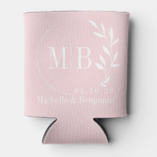 Pink Whisper Leaf Wedding Monogram Can Cooler