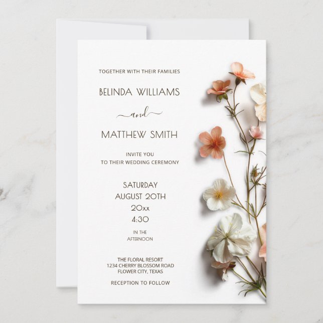 Pink White 3D Wildflowers Simple Invitation (Front)
