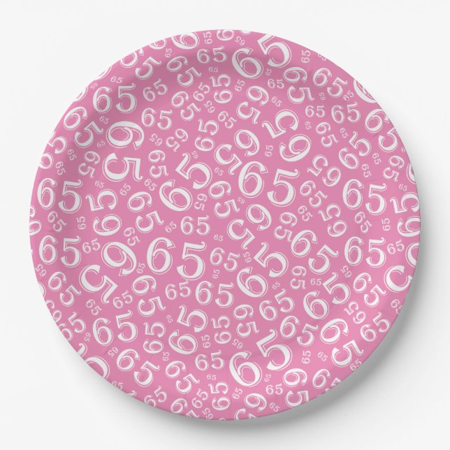  Pink/White 65th Random Number Pattern Paper Plate (Front)