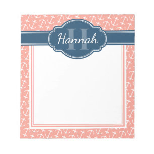 Pink White Anchor Pattern Blue Monogram Notepad