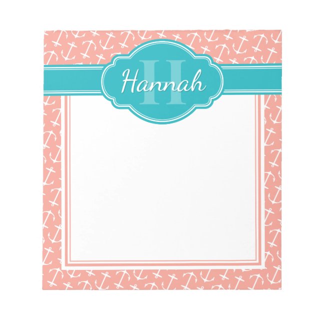 Pink White Anchor Pattern Teal Monogram Notepad (Front)