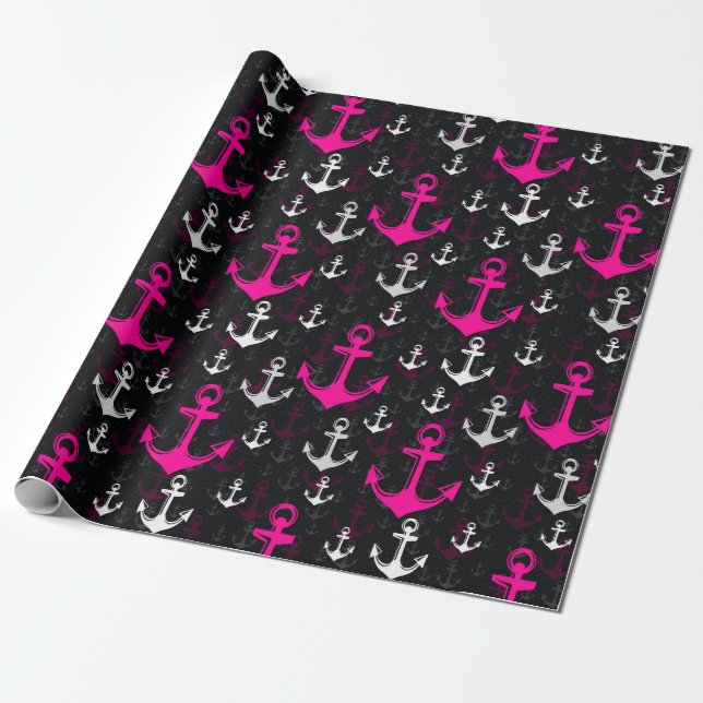 Pink White Anchor With Black Background Wrapping Paper (Unrolled)