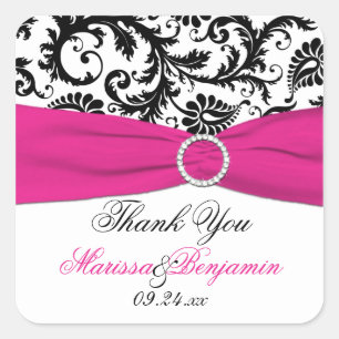 Pink, White, and Black Damask Thank You Sticker