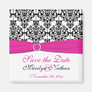 Pink, White, and Black Damask Wedding Favour Magnet