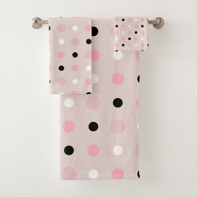 Pink, white and black Dots Bath Towel Set (Insitu)