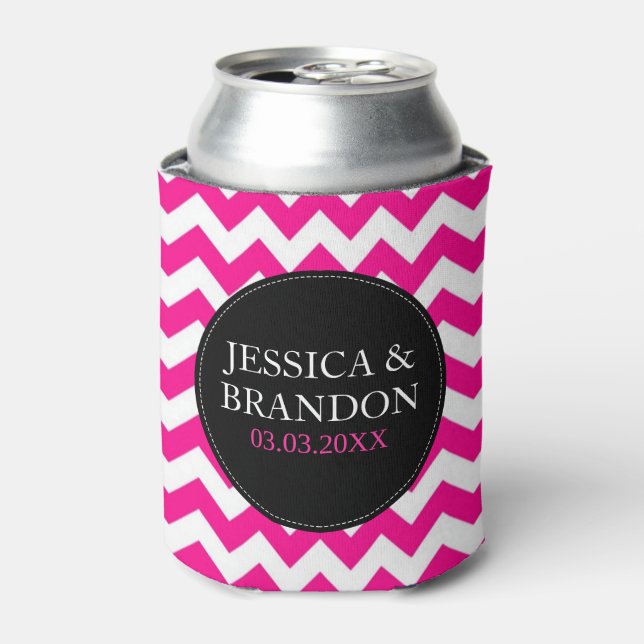 Pink White And Black Monogram Chevron Pattern 2 Can Cooler (Can Front)
