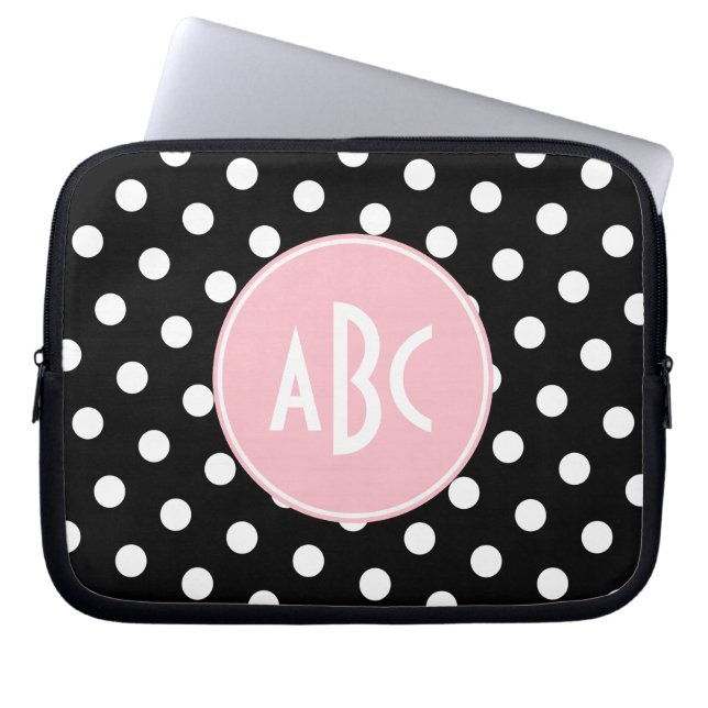 Pink White and Black Polka Dot Monogram Laptop Sleeve (Front)