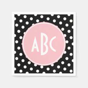 Pink White and Black Polka Dot Monogram Napkin