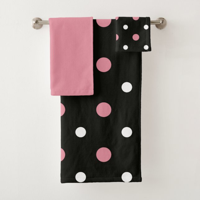 Pink white and black polka dots   bath towel set (Insitu)