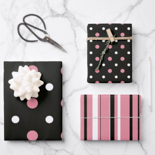 Pink white and black polka dots wrapping paper sheet
