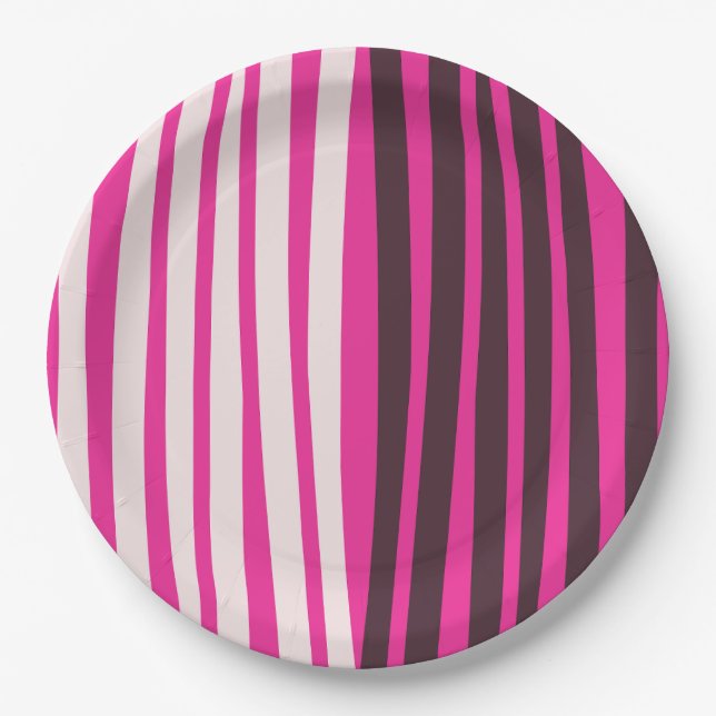 Pink white and black vertical stripes  paper plate (Front)